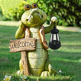 Garden Crocodile Statue - Resin Cayman Figurine Weicome Solar LED Lights, Outdoor Summer Decoration for Patio Yard Lawn, Ornament Gifts for Mom