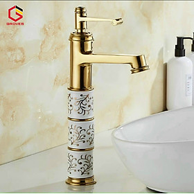 Vòi rửa mặt mạ vàng bọc sứ hoa văn thân cao GR 054C (đẹp sang trọng quý phái, hiện đại)