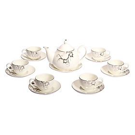 Bộ tách trà sứ xương 14 món Bone Porcelain (Bình 700ml, tách 120ml) (Nhiều hoa văn)