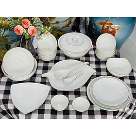 Bộ bát đĩa sứ trắng viền vàng kim