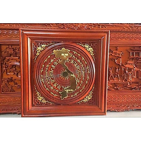 Tranh treo tường trạm khắc trống đồng và giải hình chữ s bằng gỗ hương đỏ kt 81×81×4.5cm