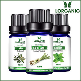 Combo Tinh Dầu Sả Chanh Lorganic + Bạc Hà Lorganic + Tràm Lorganic (10ml / Chai)