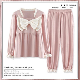 Bộ Mặc Nhà Nơ Cotton Dài Tay
