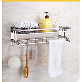 Giá Vắt Khăn INOX 304 dán tường chịu tải 10kg, Kệ treo khăn nhà tắm 2 tầng có móc treo - Tặng kèm 1 Móc INOX