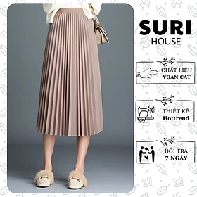 Chân váy xếp ly dáng dài vintage freesize lưng thun thoải mái, may 2 lớp chất liệu voan cát, nữ tính - Suri House