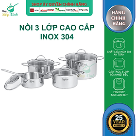 Bộ Nồi Inox 304  bếp từ 3 lớp đáy liền 4 món nắp kính Fivestar tặng 2 muỗng canh