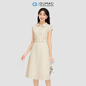 Đầm form suông tay liền GUMAC DC08067 cổ sơ mi 2 lớp vải sọc màu màu be xanh