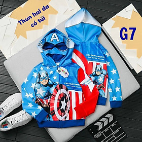 Áo khoác siêu nhân bé trai có mũ trùm từ 11-41kg. Chất thun hai da dày dặn- Hình in 3D có túi - G7 Cap - 10~26-27kg