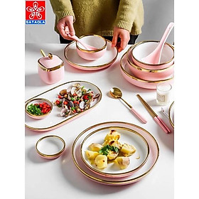 bộ chén , đĩa cao cấp men hồng lòng trắng