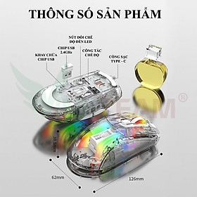 Mua Vinetteam Chuột không dây XUNFOX XYH20/XYH10 kết nối 3 chế độ có dây type-c  bluetooth  usb 2.4G với thiết kế trong suốt kèm theo nhiều chế độ LED RGB - hàng chính hãng
