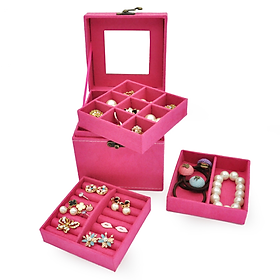 Hộp Đựng Trang Sức Nhung Vuông 3 Tầng, Chất Nhung Mềm Mịn, Kt 12x12x12cm