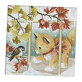 Stamped Cross Stitch Kit Advanced Pattern for Beginners Kids - Kitten &amp; Bird