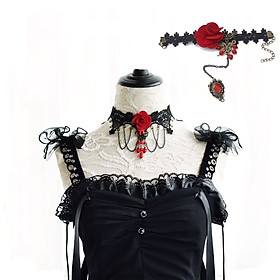 Set vòng cổ và vòng tay ren vải hoa hồng đỏ nổi bật sang chảnh