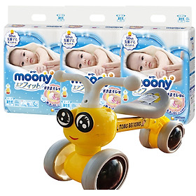 Combo 3 gói tã dán Moony cao cấp size NB90/S84/M64/L54/XL44 tặng Xe chòi chân con ong có đèn nhạc VBCare 052