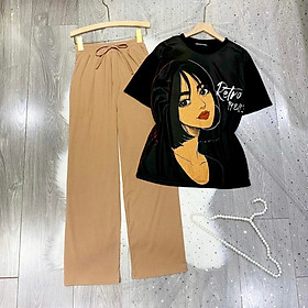 Set Bộ Thun Cô Gái M2 Oversize Tay Lửng Dáng Rộng Phối Quần Thun Gân Ống Rộng Ulzzang - MM