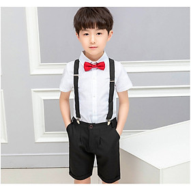 Set công tử đi tiệc có dây đeo dành cho bé trai TQB020 gồm 3 chi tiết (áo sơ mi trắng ngắn tay + quần tây đen lỡ + dây đeo) tặng kèm nơ