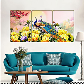 Bộ tranh phòng khách 3 tấm - chim công - chim khổng tước - Tranh in cán pvc gương / lụa kim sa: 3246L10