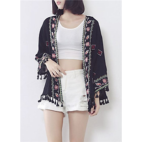 Áo khoác kimono voan ngắn đi biển, viền thổ cẩm mix họa tiết xinh | KM006