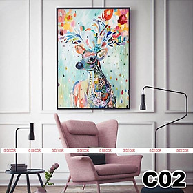 Tranh treo tường canvas 1 bức phong cách hiện đại Bắc Âu 02, tranh hươu tài lộc trang trí phòng khách, phòng ngủ, spa