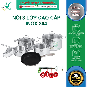 Bộ nồi và chảo chống dính vân đá 3 lớp đáy liền inox 304 cao cấp Fivestar Plus 5 món quai oval nắp kính , tặng 1 sạn inox