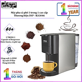 Máy pha cà phê 3 trong 1 thương hiệu DSP KA3046 thiết kế 3 adapter dùng cho cafe viên nén và cafe xay sẵn, áp suất lên đến 19 bar- Hàng chính hãng