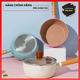 Chảo Vân Đá Chống Dính Bếp Từ Kiểu Dáng Hàn Quốc Xinh Xắn Chảo Sâu Lòng Cao Cấp Có Tay Cầm Cán Gỗ Chống Bỏng Size 18 Cm