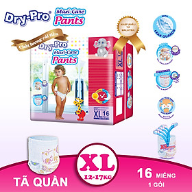 Tã/bỉm quần Dry-Pro siêu thấm hút nhập khẩu Malaysia size XL (12kg - 17kg) - Gói 16 miếng