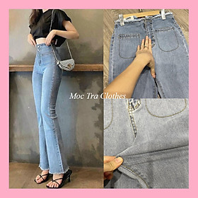 Quần jean nữ loe cạp cao siêu tôn dáng phong cách cá tính, dáng dài màu xanh trẻ trung rẻ đẹp