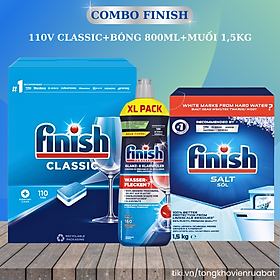 Combo viên rửa bát finish 110 viên + muối rửa bát finish 1.5kg + Nước làm bóng alio 1 lít dùng cho máy rửa bát