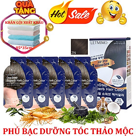 Thuốc Nhuộm tóc, màu nhuộm tóc, gội là đen, từ 22 Thành Phần Thảo mộc Letmimo, 2N Nâu Đen, Hộp 5 Gói, mỗi gói 24g + Quà tặng 1 Cái khăn Gội Cotton KT 83*33cm