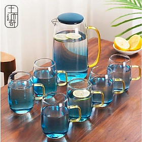 Bình đựng nước thủy tinh kèm 6 cốc màu xanh nước biển