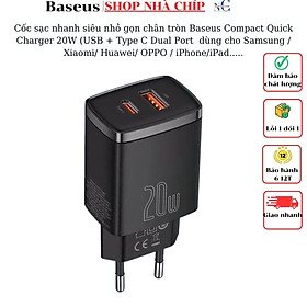 Cốc sạc nhanh siêu nhỏ gọn chân tròn Baseus Compact Quick Charger 20W (USB + Type C Dual Port, 20W PD/QC 3.0 Multi Quick Charge Support) dùng cho Samsung / Xiaomi/ Huawei/ OPPO / iPhone/iPad......Hàng chính hãng