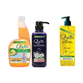 Combo 01 Nước Giặt Queen Hương Hoa Hồng (500ml) + 01 Nước Lau Sàn Queen Hương Cam Quýt (946ml) – Tặng 01 Nước Rửa Chén Queen Hương Sả Gừng (800ml)