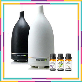 Mua Máy Khuếch Tán Tinh Dầu 100ml Tặng 3 Chai Tinh Dầu Kobi Sả Chanh + Bạc Hà + Oải Hương 10ml Nhập Khẩu Ấn Độ | Xông Phòng 40m2 | MKT33 Gốm Sứ Dáng Ngọc Đen