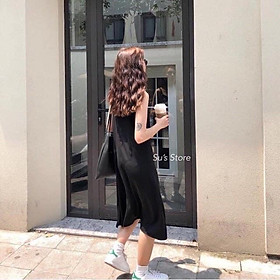 Váy 2 dây, đầm xuông - chất đũi lụa trơn basic nữ