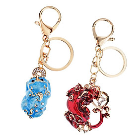 2Pcs/Set Feng Shui Metal Pi Xiu Keychains to Attract Wealth Luck Bag Keyring (1xDark Blue, 1x Red)