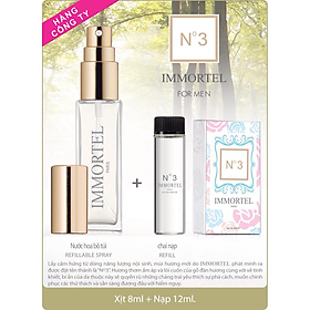 Nước Hoa Nam IMMORTEL PARIS No3 Eau De Perfume (Gồm chai xịt 8ml + Chai nạp 12ml) - Hương thơm ấm áp và lôi cuốn của gỗ đàn hương cùng với vẻ tinh khiết, bí ẩn của da thuộc- Kiểu dáng nhỏ gọn