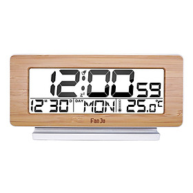 Đồng hồ kỹ thuật số FanJu có chức năng hiển thị nhiệt độ, mặt gỗ thời trang, đèn nền màn hình LCD với phông chữ lớn dễ đọc-Màu Gỗ