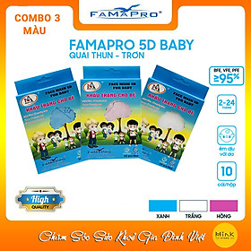 Combo 3 Hộp Khẩu Trang Y Tế 3 Lớp Trẻ Em Famapro 5D Baby Trơn : Xanh + Trắng + Hồng (10 Cái / Hộp)