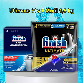 Combo Viên rửa bát Finish Quantum Ultiamte 60 viên + 1.2kg Muối rửa bát finish làm mềm nước dùng cho máy rửa bát