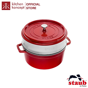 Nồi Gang STAUB Tròn Kèm Xửng Hấp - Màu Đỏ Cherry/Xanh Rêu/Xanh Đen