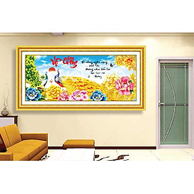 Tranh đính đá vợ chồng chim công hoa mẫu đơn LV138 - 106 x 50 cm - chưa đính