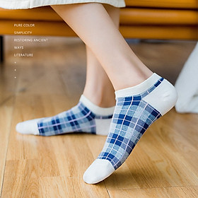 Set 3 Đôi Tất Nam Nữ Cổ Ngắn Kẻ Caro Xanh Navy Cá Tính TN58