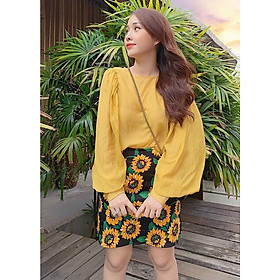 Sét đồ nguyên bộ chân váy đầm chữ A áo tay phồng, màu vàng hottrend, hiện đại năng động trẻ trung, lên form chuẩn-M039
