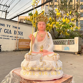 Tượng Địa Tạng Vương Bồ Tát ngồi trên đài sen bằng đá nhập khẩu cao cấp cao 40cm– màu trắng