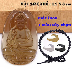 Mặt Phật Thích ca mậu ni đá obsidian ( thạch anh khói ) 1.9cm x 3cm (size nhỏ) kèm vòng cổ hạt chuỗi đá đen + móc inox vàng, Mặt dây chuyền Phật tổ Như lai