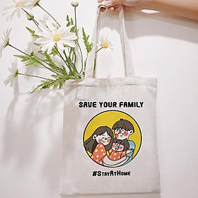 Hình ảnh Túi Tote Vải Canvas Stay At Home Có Khóa Miệng Túi