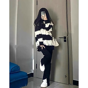 Áo Sweater Len Nữ Dáng Thụng Kẻ Ngang Dài Tay Dáng Thụng Phối Màu