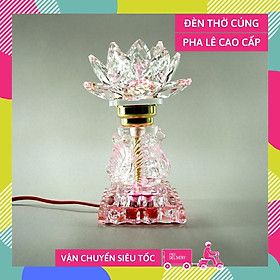 Đèn thờ cúng điện pha lê nguyên khối hoa sen đèn thờ led đổi màu trụ vuông tầng cao cấp - Cao 20cm