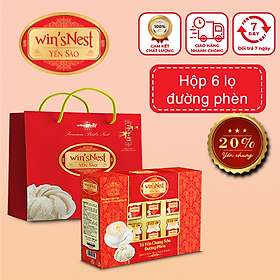 Yến sào cao cấp win'sNest tổ yến chưng sẵn đường phèn 20% (6 lọ/hộp) phù hợp cho mọi đối tượng và trẻ từ 1 tuổi trở lên giúp bồi bổ sức khỏe. 